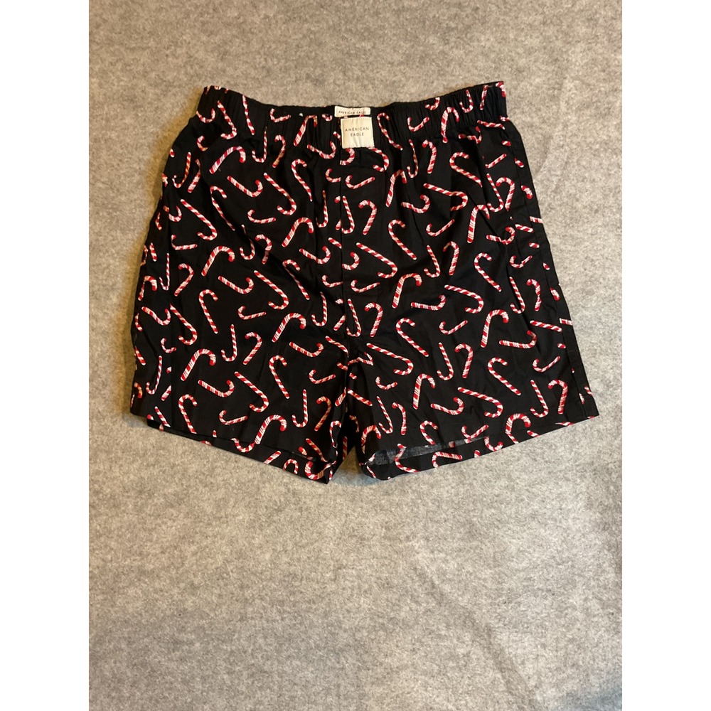 American Eagle Mens Candy Cane Christmas Boxer Shorts Black Red Small NWT